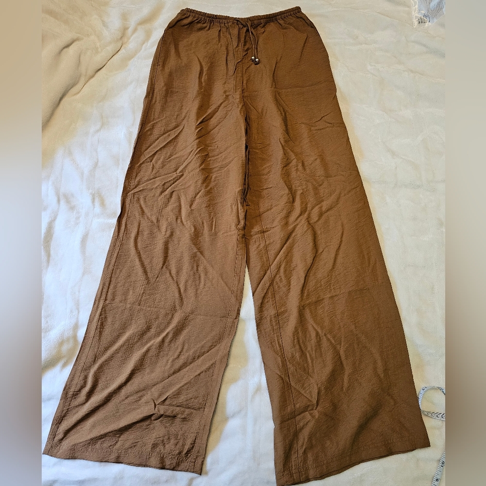 Rachel Zoe Set XS- Silky Wide Leg Pants Tan & Crochet Crop Top Cream - Picture 4 of 13